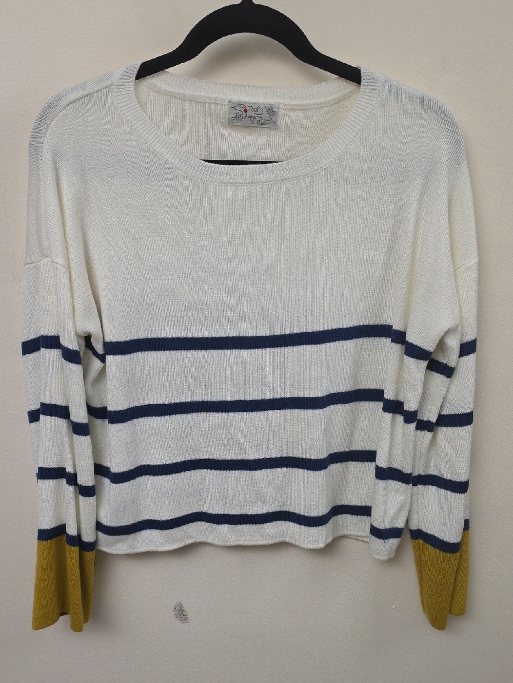 Poof Apparel Cream Crewneck Sweater with Navy Stripes and Mustard Cuffs SZ S - Picture 3 of 7